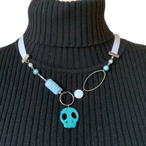 2x25$ 🐿 🍁 CREATION  - Skull short necklace ruban bead fabric - Aqua blue white